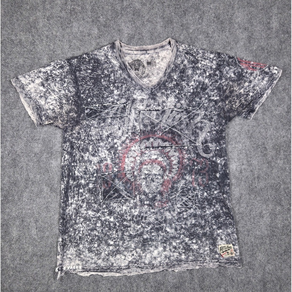 Affliction T-Shirt Mens XL Black Acid Wash V-Neck American Customs Chief Graphic